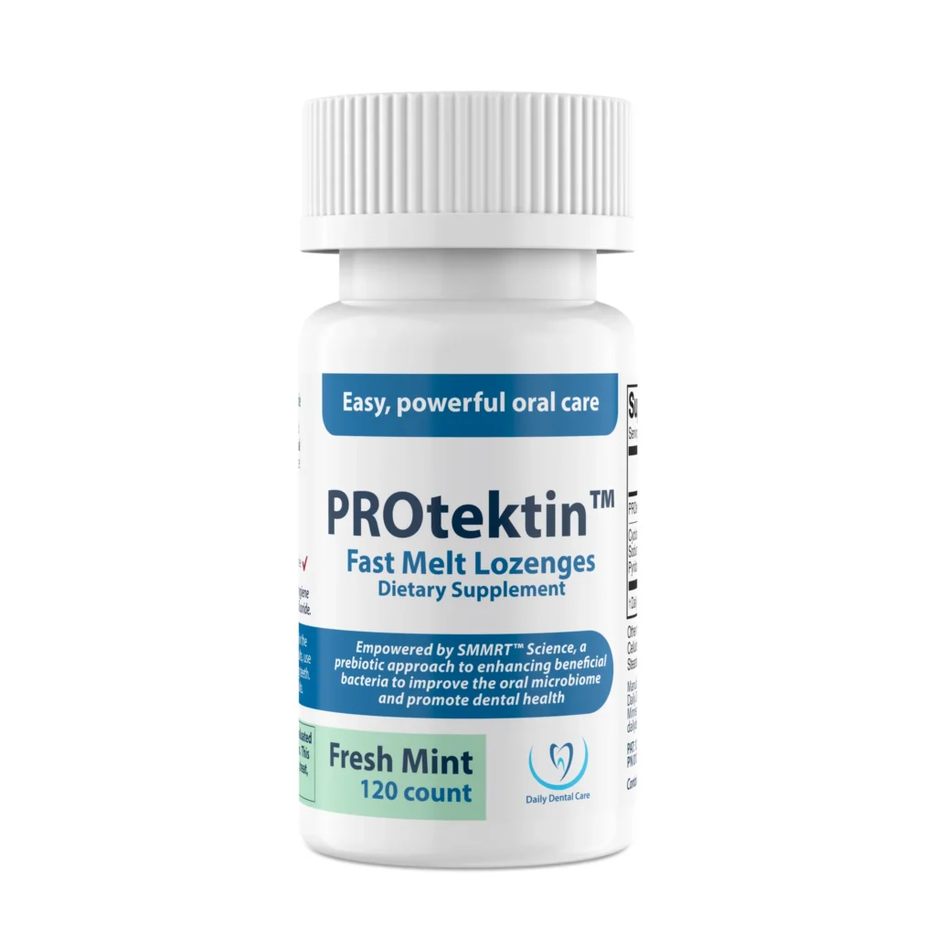 A bottle of PROtektin™ Fast Melt Lozenges, a dietary supplement formulated with SMMRT™ science to support the oral microbiome.