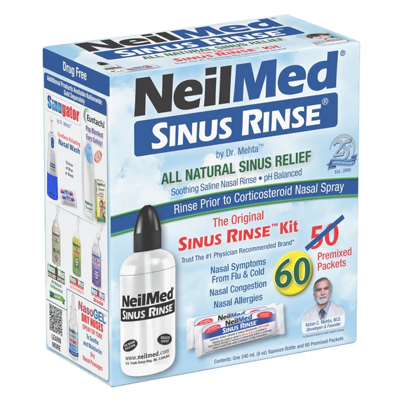 Product packaging for the NeilMed Sinus Rinse kit, showing the squeeze bottle and premixed saline packets used for nasal irrigation.