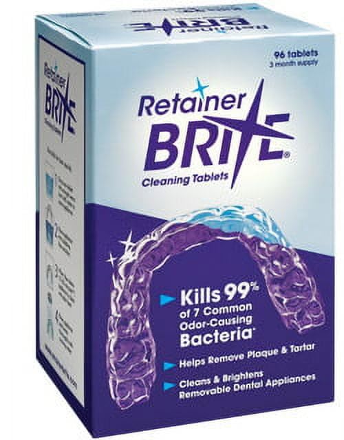 Product packaging for Retainer Brite cleaning tablets, shown alongside a clear orthodontic retainer to illustrate how it removes plaque and tartar from dental appliances.