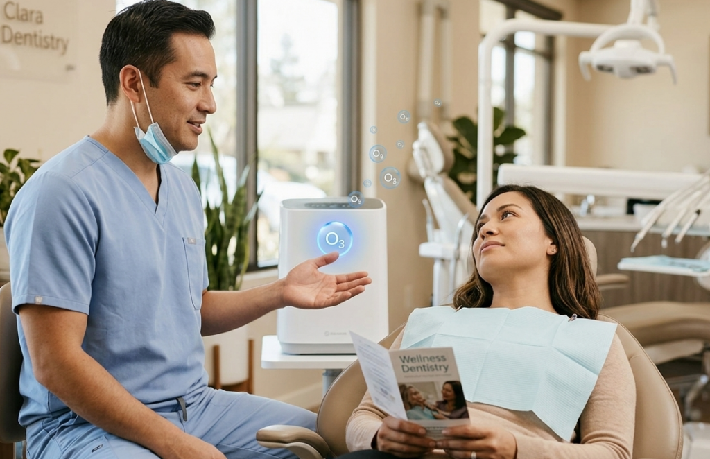 An advanced medical ozone generator being used at Well Being Dentistry to create ozonated water for biocompatible dental disinfection.