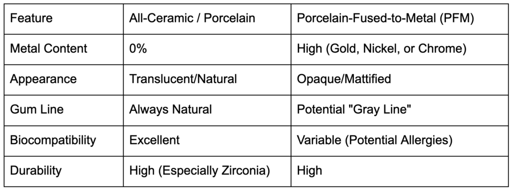A comparison chart detailing the differences between all-ceramic/porcelain crowns and porcelain-fused-to-metal (PFM) crowns, focusing on metal content, appearance, gum line aesthetics, biocompatibility, and durability.