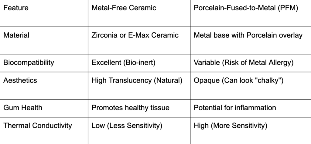 A comparison table showing the differences between metal-free ceramic crowns (Zirconia/E-max) and porcelain-fused-to-metal (PFM) crowns, highlighting factors like biocompatibility, aesthetics, gum health, and thermal sensitivity.