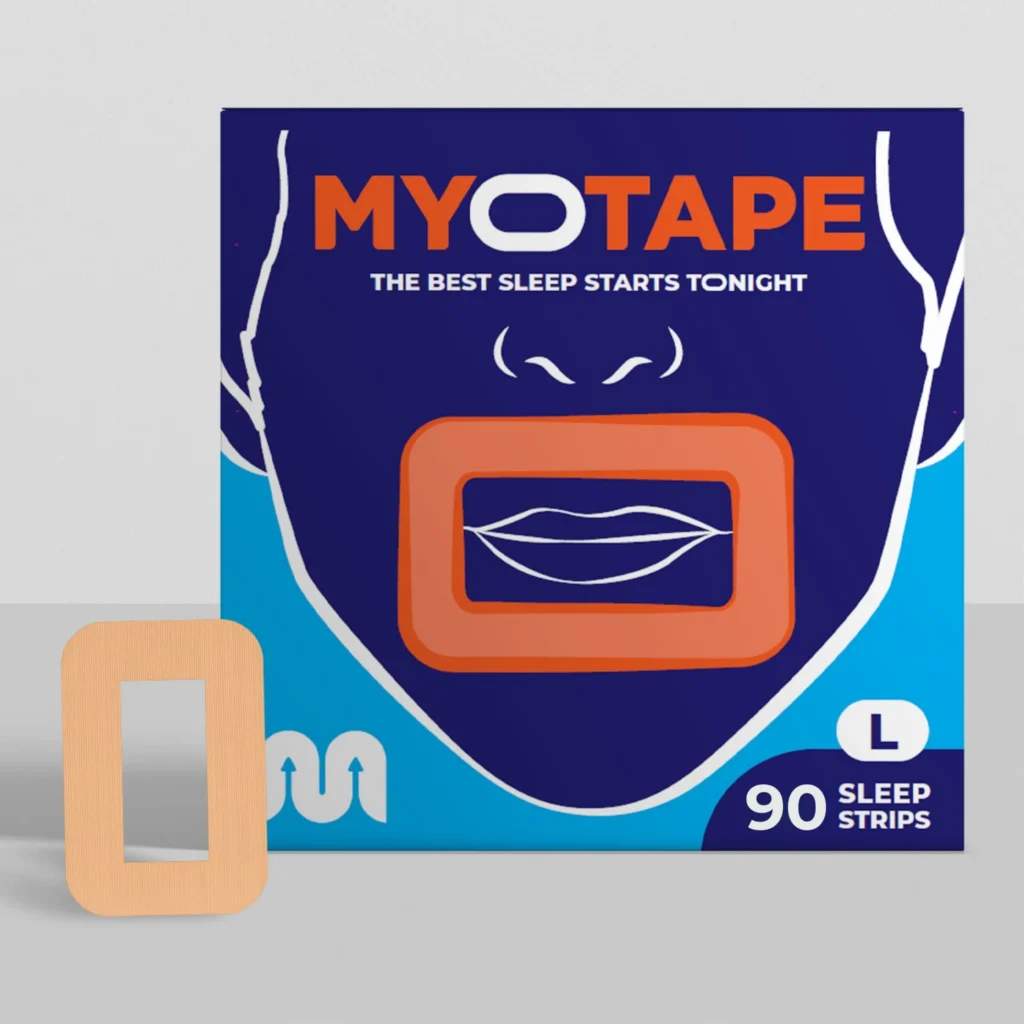 Product packaging for Myotape sleep strips, designed to promote nasal breathing during sleep, shown with a single adhesive strip.