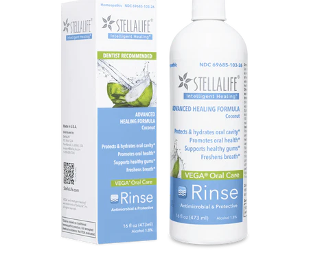 Product packaging and bottle for StellarLife VEGA® Oral Care Rinse in Coconut formula, designed to protect, hydrate, and promote oral health.
