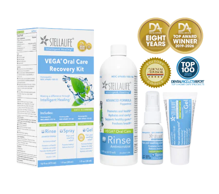 StellaLife VEGA Oral Care Recovery Kit featuring an antimicrobial rinse, a pain and swelling relief spray, and oral gel, accompanied by several "Dental Advisor Top Award Winner" seals.