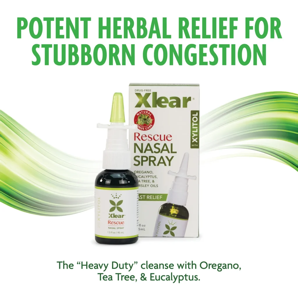Product packaging and bottle for Xlear Rescue Nasal Spray, featuring ingredients like Oregano, Tea Tree, and Eucalyptus oils.