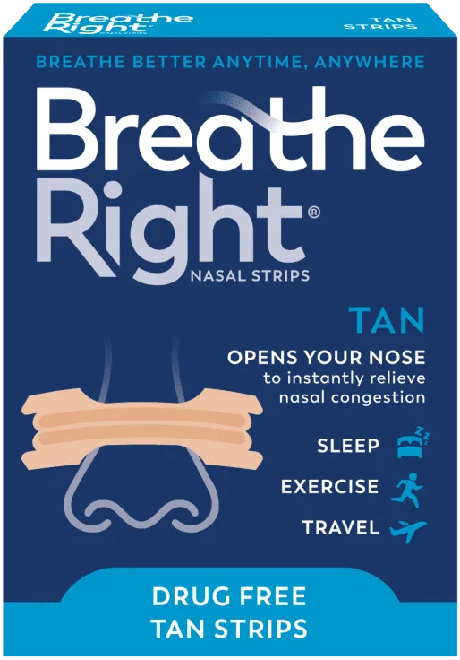 Product packaging for Breathe Right nasal strips, showing how they lift and open the nose to relieve congestion and improve breathing.