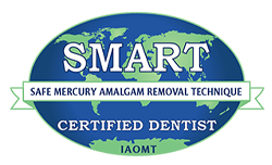 The official SMART Certified Dentist seal from the IAOMT, indicating training in Safe Mercury Amalgam Removal Technique.