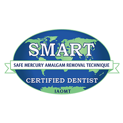 The official SMART Certified Dentist seal from the IAOMT, indicating training in Safe Mercury Amalgam Removal Technique.