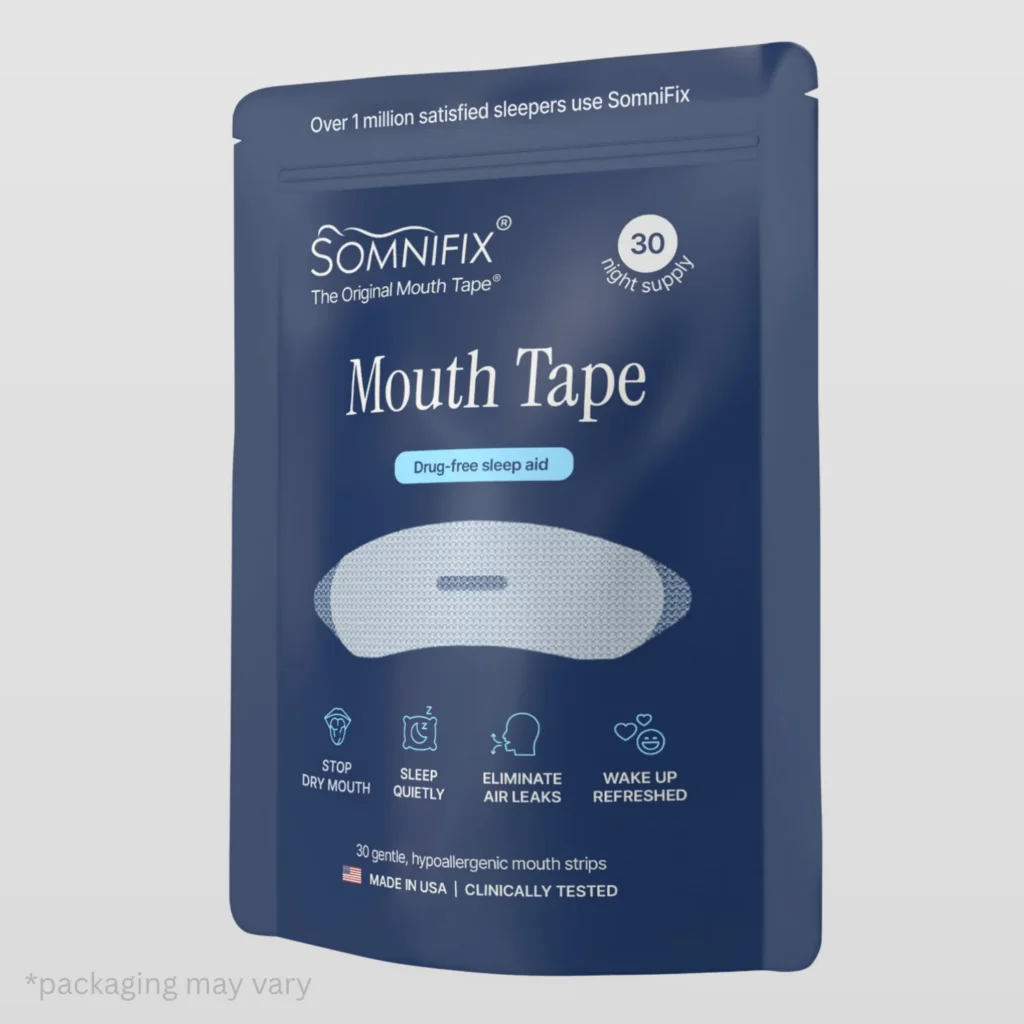 Product packaging for SomniFix mouth strips, a drug-free sleep aid designed to stop dry mouth and encourage nasal breathing at night.