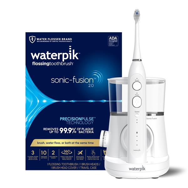 The Waterpik Sonic-Fusion 2.0 flossing toothbrush, which combines a sonic toothbrush with a built-in water flosser, showing the device and its packaging.