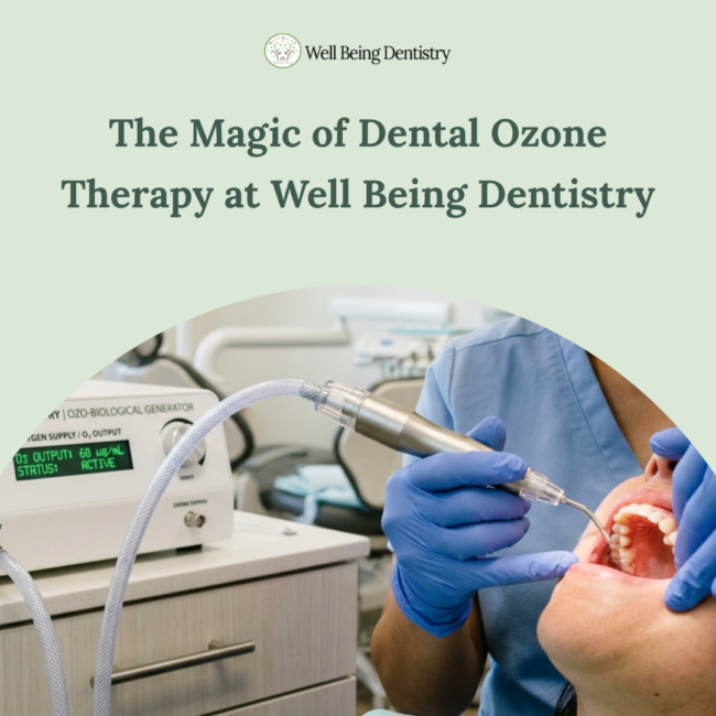 Dental practitioner applying holistic ozone gas therapy to a patient's tooth to eliminate bacteria at Wellbeing Dentistry.